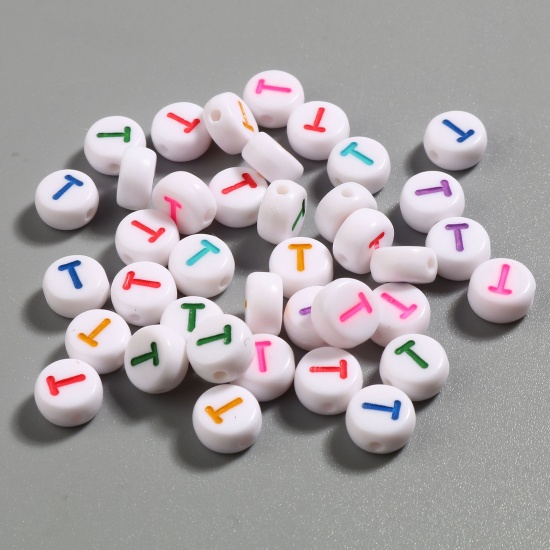 Picture of Acrylic Beads Flat Round At Random Color Mixed Initial Alphabet/ Capital Letter Pattern Message " T " About 7mm Dia., Hole: Approx 1.4mm, 500 PCs