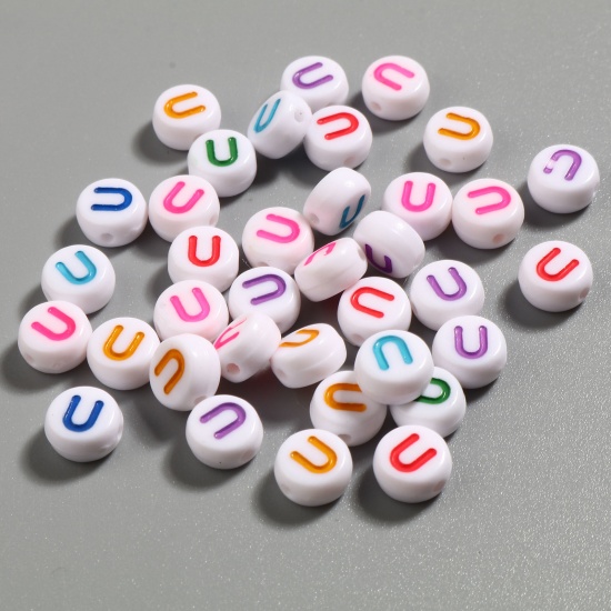 Picture of Acrylic Beads Flat Round At Random Color Mixed Initial Alphabet/ Capital Letter Pattern Message " U " About 7mm Dia., Hole: Approx 1.4mm, 500 PCs
