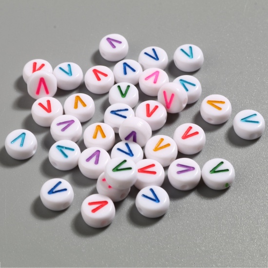 Picture of Acrylic Beads Flat Round At Random Color Mixed Initial Alphabet/ Capital Letter Pattern Message " V " About 7mm Dia., Hole: Approx 1.4mm, 500 PCs