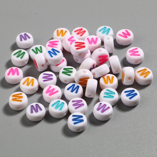 Picture of Acrylic Beads Flat Round At Random Color Mixed Initial Alphabet/ Capital Letter Pattern Message " W " About 7mm Dia., Hole: Approx 1.4mm, 500 PCs