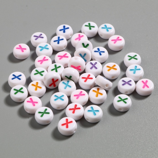 Picture of Acrylic Beads Flat Round At Random Color Mixed Initial Alphabet/ Capital Letter Pattern Message " X " About 7mm Dia., Hole: Approx 1.4mm, 500 PCs