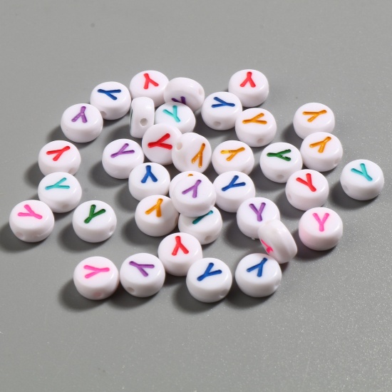 Picture of Acrylic Beads Flat Round At Random Color Mixed Initial Alphabet/ Capital Letter Pattern Message " Y " About 7mm Dia., Hole: Approx 1.4mm, 500 PCs