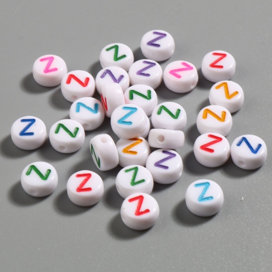 Image de Perles en Acrylique Plat-Rond Couleur au Hasard Alphabet Initial/ Lettre Majuscule Message " Z " Env. 7mm Dia, Trou: env. 1.4mm, 500 Pcs