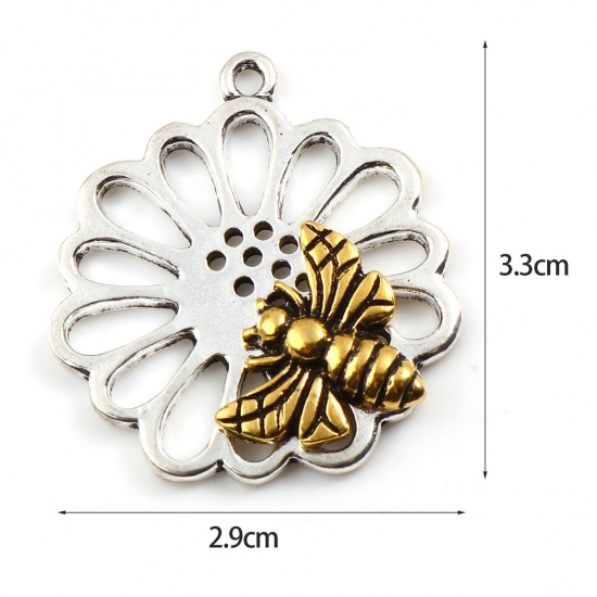 Picture of Zinc Based Alloy Insect Pendants Gold Tone Antique Gold & Antique Silver Color Two Tone Flower Bee 33mm x 29mm, 10 PCs