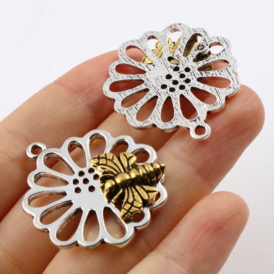 Picture of Zinc Based Alloy Insect Pendants Gold Tone Antique Gold & Antique Silver Color Two Tone Flower Bee 33mm x 29mm, 10 PCs