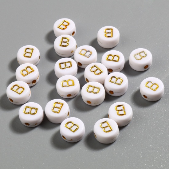 Picture of Acrylic Beads Flat Round White & Golden Initial Alphabet/ Capital Letter Pattern Message " B " About 7mm Dia., Hole: Approx 1.4mm, 500 PCs