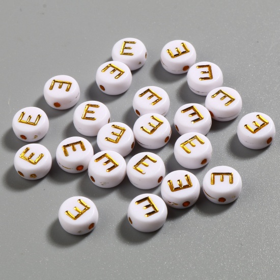 Picture of Acrylic Beads Flat Round White & Golden Initial Alphabet/ Capital Letter Pattern Message " E " About 7mm Dia., Hole: Approx 1.4mm, 500 PCs