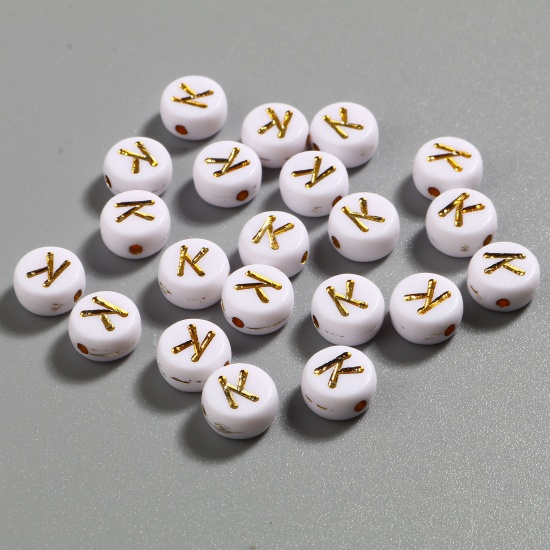 Picture of Acrylic Beads Flat Round White & Golden Initial Alphabet/ Capital Letter Pattern Message " K " About 7mm Dia., Hole: Approx 1.4mm, 500 PCs