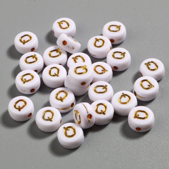 Picture of Acrylic Beads Flat Round White & Golden Initial Alphabet/ Capital Letter Pattern Message " Q " About 7mm Dia., Hole: Approx 1.4mm, 500 PCs