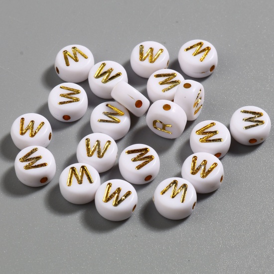 Picture of Acrylic Beads Flat Round White & Golden Initial Alphabet/ Capital Letter Pattern Message " W " About 7mm Dia., Hole: Approx 1.4mm, 500 PCs