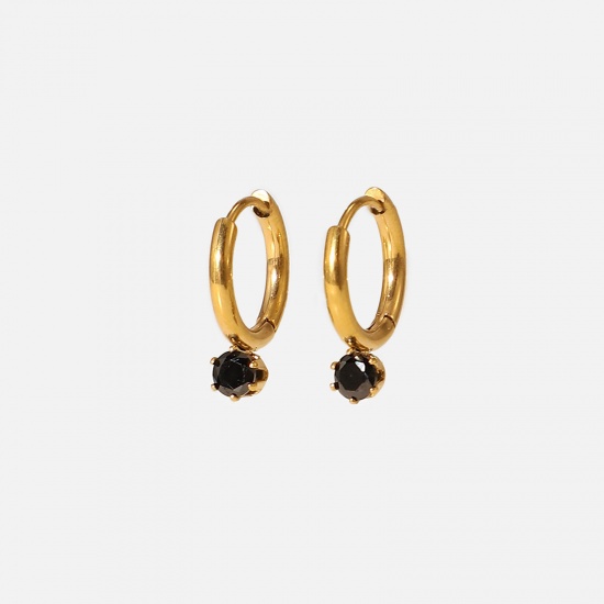 Image de Boucles d'Oreilles Créole Anneaux en Acier Inoxydable Plaqué Or Réel 14K Annulaire à Strass Noir 18mm, 1 Paire