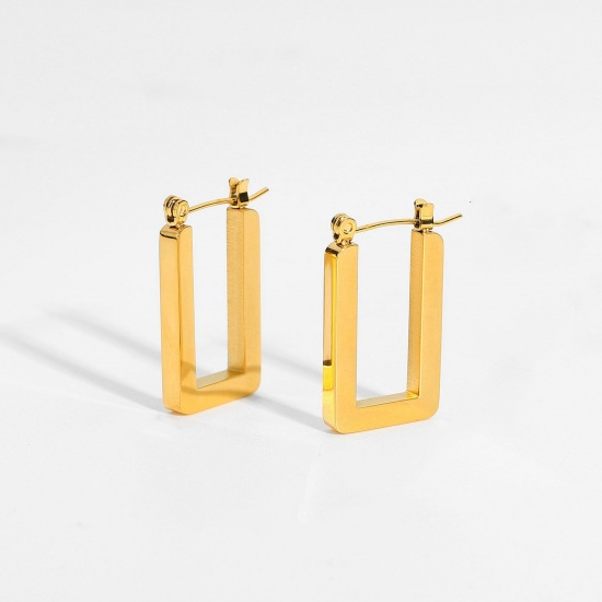 Picture of Eco-friendly Simple & Casual Ins Style 18K Real Gold Plated 304 Stainless Steel Rectangle Hoop Earrings For Women 24mm x 15mm, 1 Pair