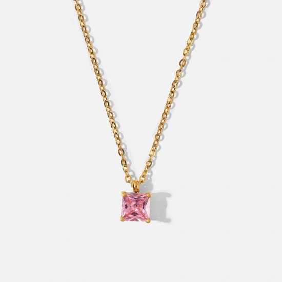 Picture of Eco-friendly Sweet & Cute Birthstone 18K Real Gold Plated Pink 304 Stainless Steel & Cubic Zirconia Link Cable Chain Square Pendant Necklace For Women Birthday 44cm(17 3/8") long, 1 Piece