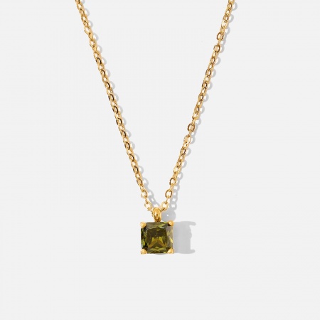 Picture of Wholesale Square Olive Green Olive Green Cubic Zirconia Pendant Charm Necklace, 18K Real Gold Plated 304 Stainless Steel & Cubic Zirconia Link Cable Chain, Women's Eco-friendly Birthstone Minimalist Gift Jewelry For Retailer, 44cm(17.3") long, 1 Piece