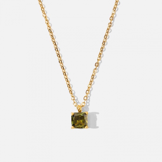 Picture of Eco-friendly Sweet & Cute Birthstone 18K Real Gold Plated Olive Green 304 Stainless Steel & Cubic Zirconia Link Cable Chain Square Pendant Necklace For Women Birthday 44cm(17 3/8") long, 1 Piece
