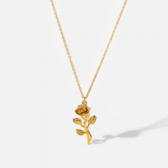 Picture of 1 Piece Vacuum Plating Stainless Steel Valentine's Day Link Cable Chain Necklace 18K Real Gold Plated Rose Flower 41cm(16 1/8") long