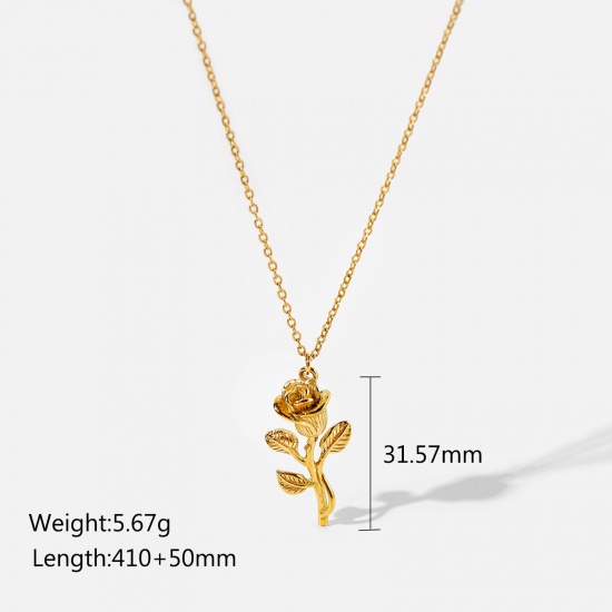 Picture of 1 Piece Vacuum Plating Stainless Steel Valentine's Day Link Cable Chain Necklace 18K Real Gold Plated Rose Flower 41cm(16 1/8") long