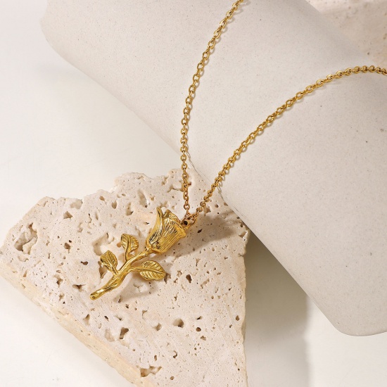 Picture of 1 Piece Vacuum Plating Stainless Steel Valentine's Day Link Cable Chain Necklace 18K Real Gold Plated Rose Flower 41cm(16 1/8") long