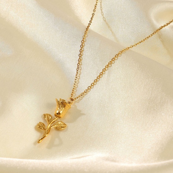 Picture of 1 Piece Vacuum Plating Stainless Steel Valentine's Day Link Cable Chain Necklace 18K Real Gold Plated Rose Flower 41cm(16 1/8") long
