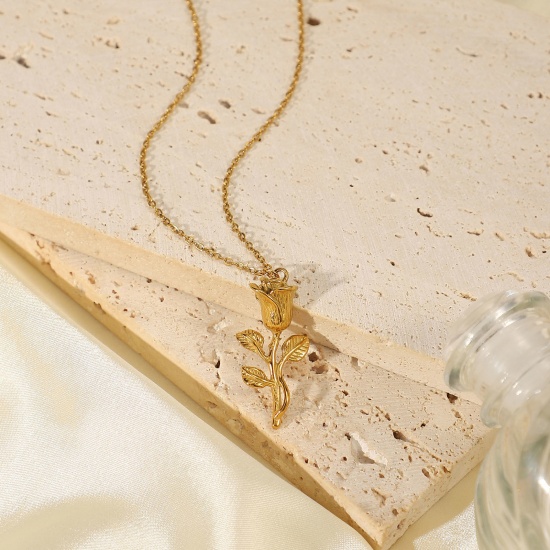 Picture of 1 Piece Vacuum Plating Stainless Steel Valentine's Day Link Cable Chain Necklace 18K Real Gold Plated Rose Flower 41cm(16 1/8") long