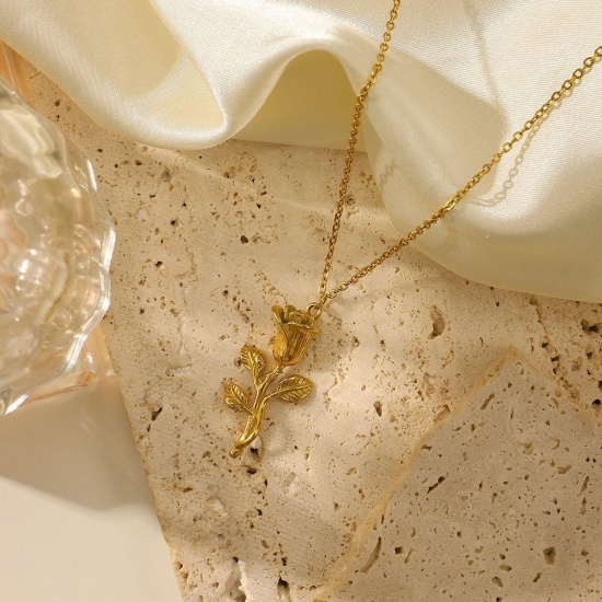Picture of 1 Piece Vacuum Plating Stainless Steel Valentine's Day Link Cable Chain Necklace 18K Real Gold Plated Rose Flower 41cm(16 1/8") long