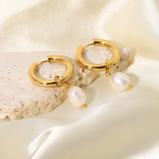 Imagen de Acero Inoxidable Pendientes Círculos 18K Oro lleno Blanco Ronda Imitación de perla 42mm, 1 Par