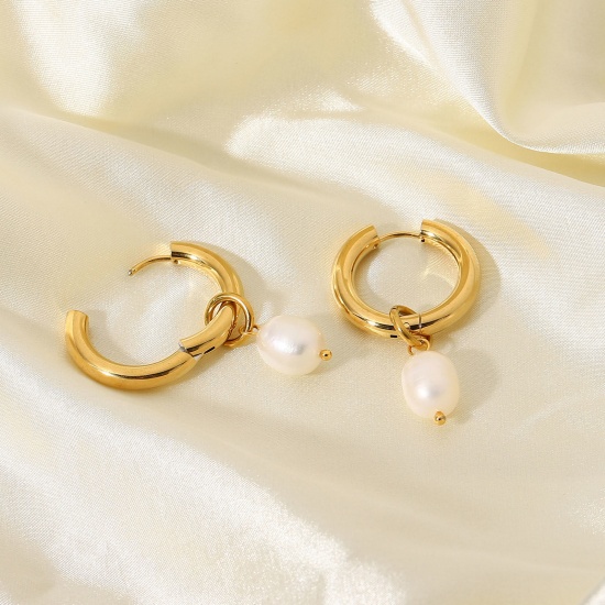Imagen de Acero Inoxidable Pendientes Círculos 18K Oro lleno Blanco Ronda Imitación de perla 42mm, 1 Par