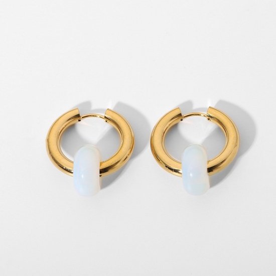 Picture of Eco-friendly Stylish Exquisite 18K Real Gold Plated White 304 Stainless Steel & Stone Round Hoop Earrings For Women Party 24mm x 14mm, 1 Pair