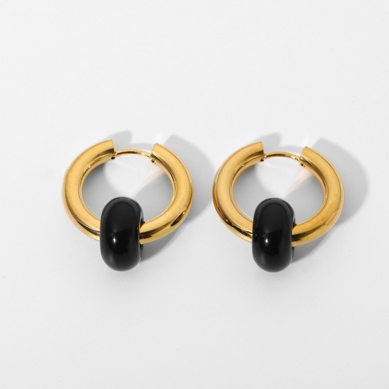 Picture of Eco-friendly Stylish Exquisite 18K Real Gold Plated Black 304 Stainless Steel & Stone Round Hoop Earrings For Women Party 24mm x 14mm, 1 Pair
