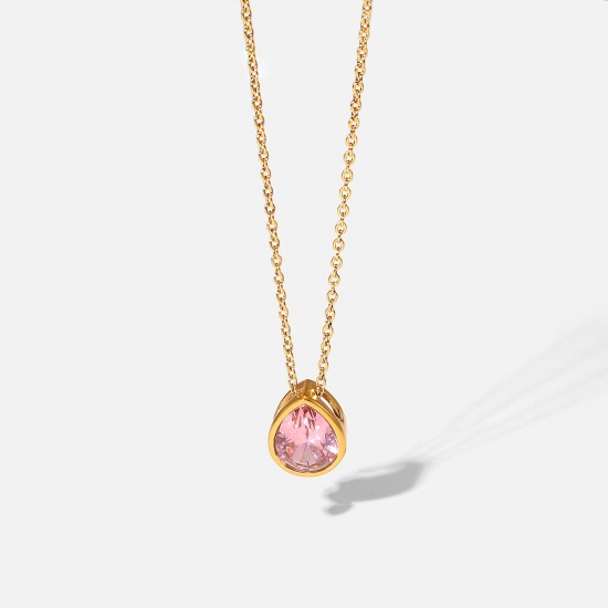 Picture of Eco-friendly Stylish Birthstone 18K Real Gold Plated Pink 304 Stainless Steel & Cubic Zirconia Link Cable Chain Drop Pendant Necklace For Women Birthday 41cm(16 1/8") long, 1 Piece