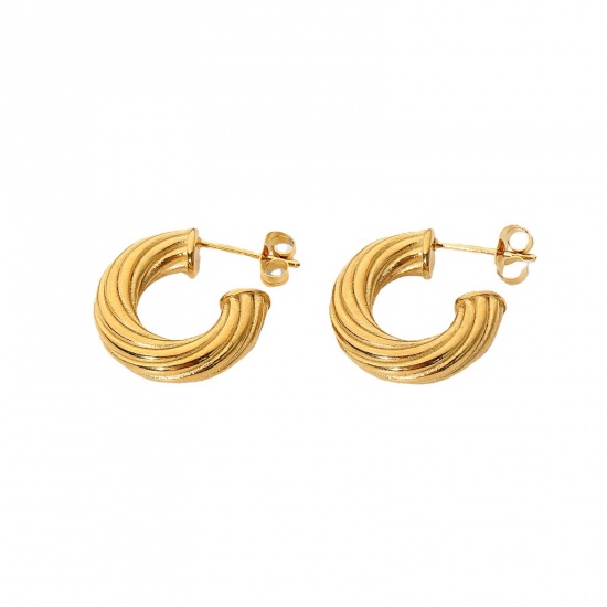 Picture of Eco-friendly Simple & Casual Stylish 18K Real Gold Plated 304 Stainless Steel C Shape Hoop Earrings For Women Party 20mm Dia., 1 Pair