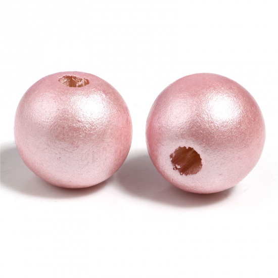 Immagine di Legno di Schima Separatori Perline Tondo Rosa Chiaro Pittura Circa: 16mm Dia, Foro: Circa 4.4mm-3.9mm, 50 Pz