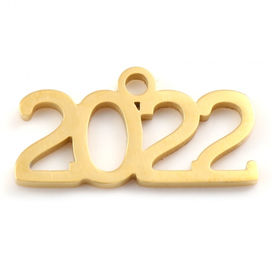Image de Breloques en Acier Inoxydable Année Chiffre Doré Gravé Mots" 2022 " 20mm x 10mm , 2 Pcs