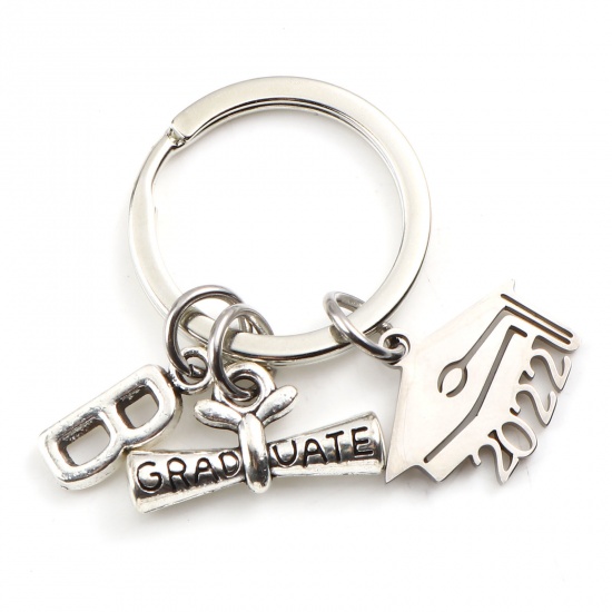 Picture of Stainless Steel College Year Jewelry Keychain & Keyring Diploma Silver Tone & Antique Silver Color Trencher Cap Message " B "" 2022 " 4.2cm, 1 Set