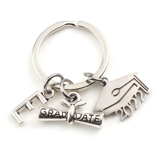 Picture of Stainless Steel College Year Jewelry Keychain & Keyring Diploma Silver Tone & Antique Silver Color Trencher Cap Message " E "" 2022 " 4.2cm, 1 Set