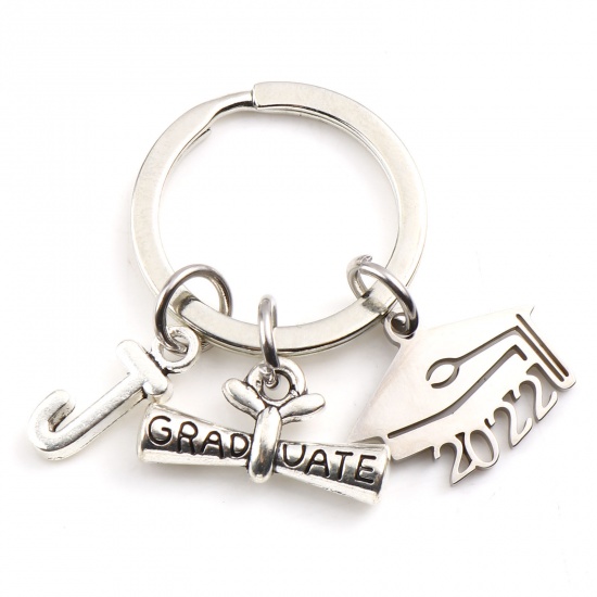 Picture of Stainless Steel College Year Jewelry Keychain & Keyring Diploma Silver Tone & Antique Silver Color Trencher Cap Message " J "" 2022 " 4.2cm, 1 Set