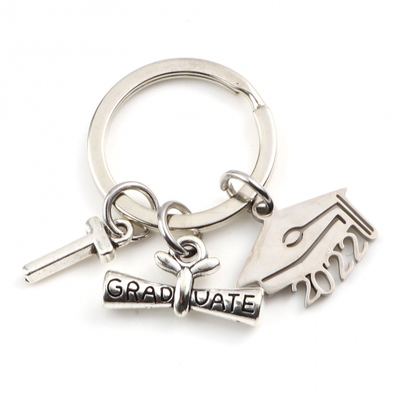 Picture of Stainless Steel College Year Jewelry Keychain & Keyring Diploma Silver Tone & Antique Silver Color Trencher Cap Message " T "" 2022 " 4.2cm, 1 Set