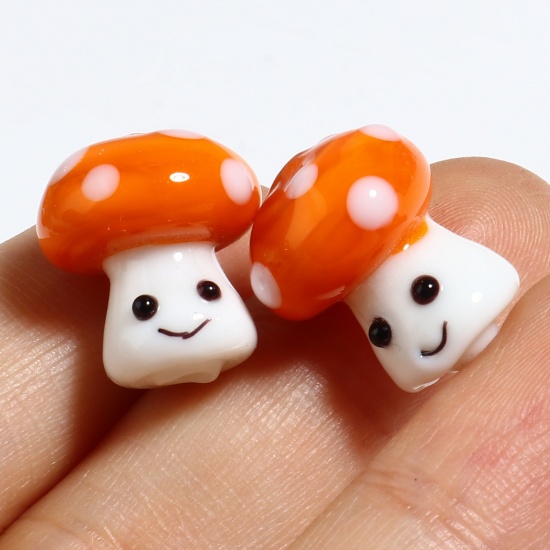 Picture of Lampwork Glass Beads Mushroom White & Orange About 16mm x 15mm, Hole: Approx 2.4mm, 2 PCs