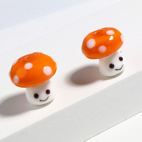 Picture of Lampwork Glass Beads Mushroom White & Orange About 16mm x 15mm, Hole: Approx 2.4mm, 2 PCs