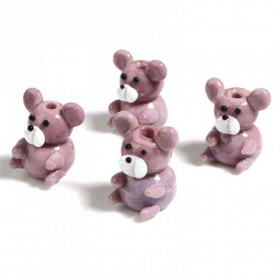 Picture of Lampwork Glass Beads Bear Animal Purple Gray About 19mm x 14mm, Hole: Approx 2.4mm, 2 PCs