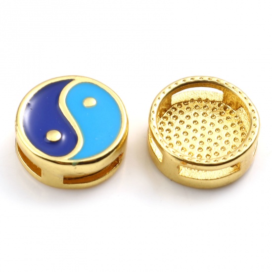 Picture of Brass Religious Spacer Beads Gold Plated Blue & Dark Blue Flat Round Eight Diagrams Enamel 10mm Dia., Hole: Approx 5mmx1.4mm, 1 Piece                                                                                                                         