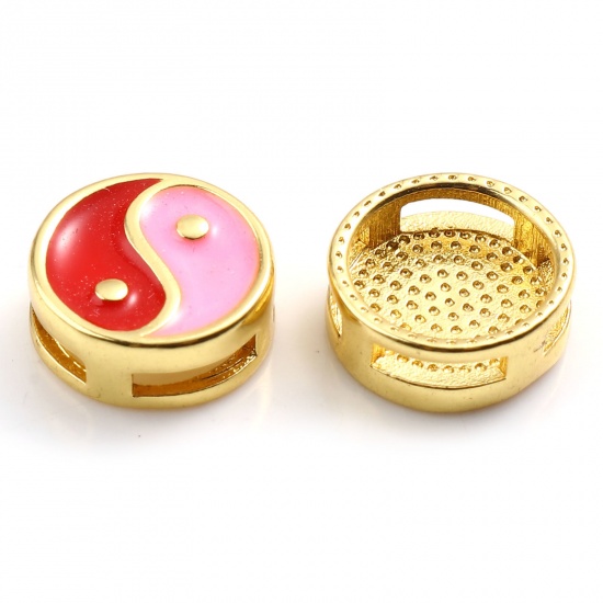 Picture of Brass Religious Spacer Beads Gold Plated Red & Pink Flat Round Eight Diagrams Enamel 10mm Dia., Hole: Approx 5mmx1.4mm, 1 Piece                                                                                                                               