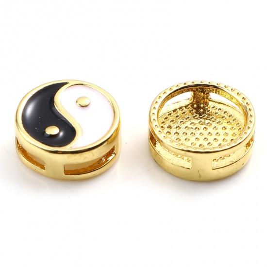 Picture of Brass Religious Spacer Beads Gold Plated Black & White Flat Round Eight Diagrams Enamel 10mm Dia., Hole: Approx 5mmx1.4mm, 1 Piece                                                                                                                            