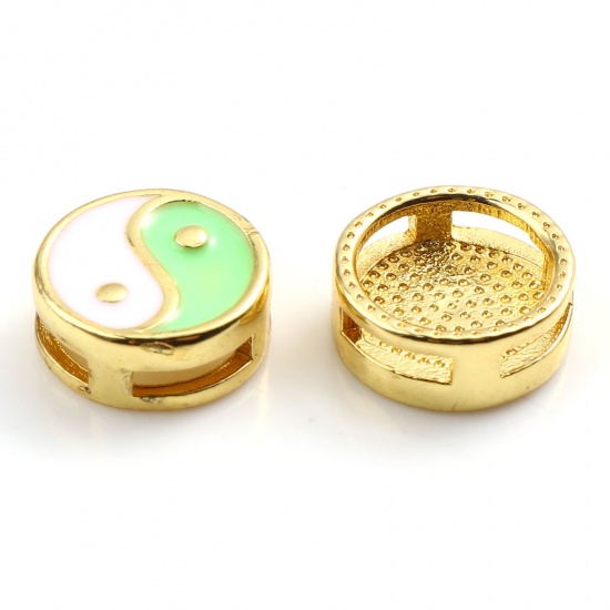 Picture of Brass Religious Spacer Beads Gold Plated White & Green Flat Round Eight Diagrams Enamel 10mm Dia., Hole: Approx 5mmx1.4mm, 1 Piece                                                                                                                            