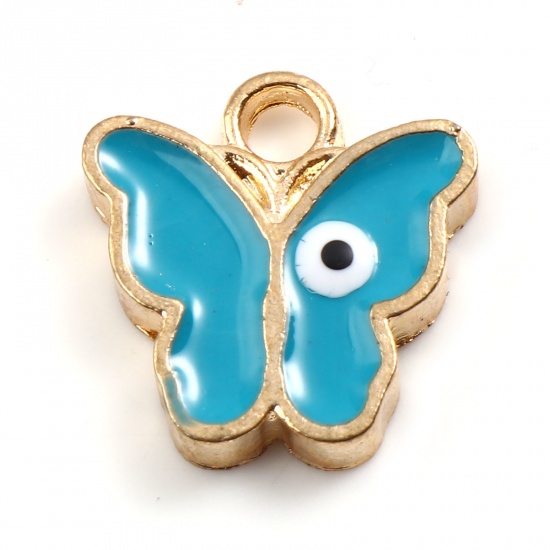 Picture of Zinc Based Alloy Religious Charms Butterfly Animal Gold Plated Lake Blue Evil Eye Enamel 15mm x 15mm, 20 PCs