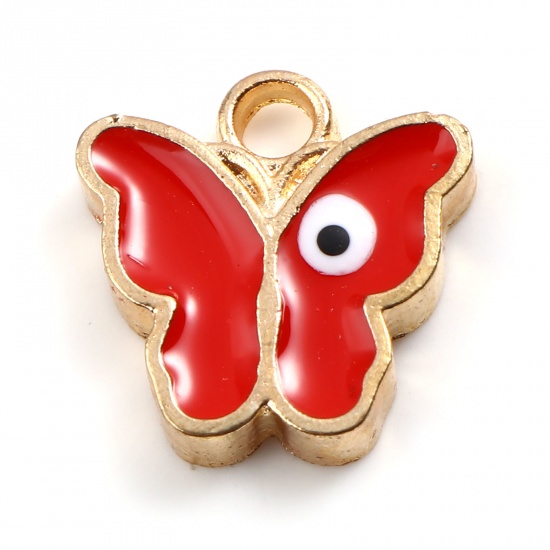 Picture of Zinc Based Alloy Religious Charms Butterfly Animal Gold Plated Red Evil Eye Enamel 15mm x 15mm, 20 PCs