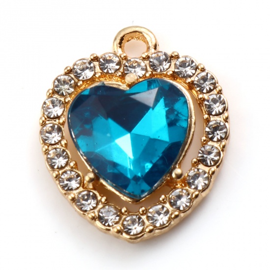 Picture of 10 PCs Zinc Based Alloy Valentine's Day Charms Gold Plated Blue Heart Micro Pave Clear Rhinestone 18mm x 15mm