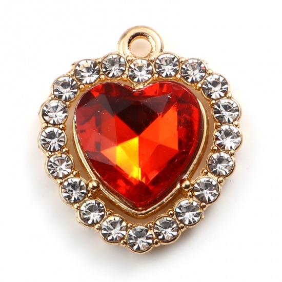 Picture of 10 PCs Zinc Based Alloy Valentine's Day Charms Gold Plated Red Heart Micro Pave Clear Rhinestone 18mm x 15mm