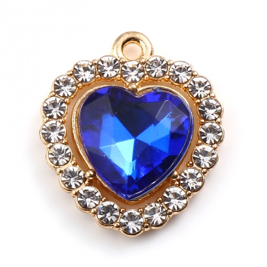 Picture of 10 PCs Zinc Based Alloy Valentine's Day Charms Gold Plated Royal Blue Heart Micro Pave Clear Rhinestone 18mm x 15mm