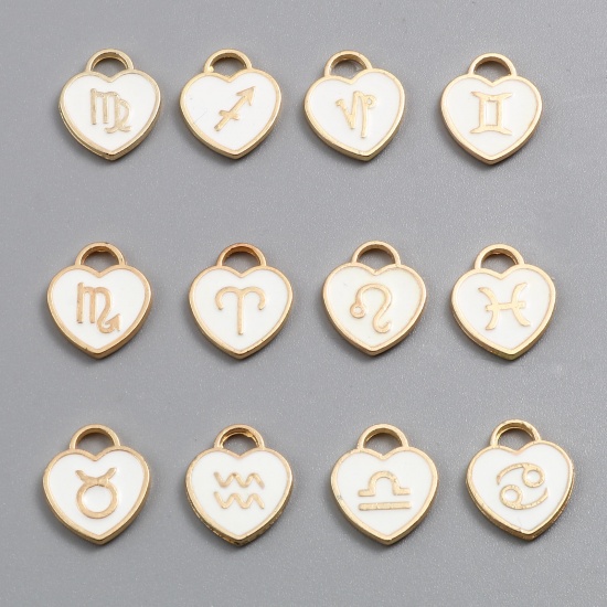 Picture of Zinc Based Alloy Valentine's Day Charms Heart Gold Plated White Constellation Enamel 14mm x 12mm, 1 Packet ( 12 PCs/Packet)